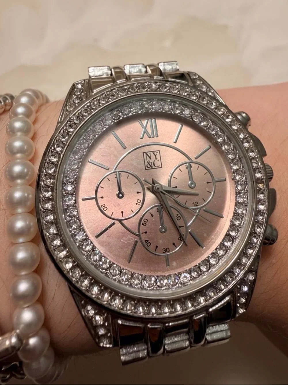 New York & Company Silver Bracelet Watch with Rose Gold Dial and Crystal Bezel